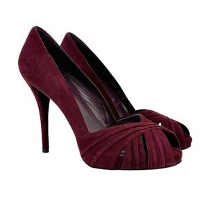 Stuart Weitzman Dressage Burgundy Scarlet Red Suede Peep Toe Stiletto Pumps sz 8
